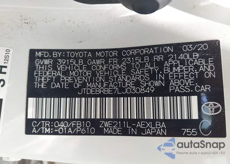 2020 Toyota Corolla Hybrid Le из США, поврежденный, VIN JTDEBRBE7LJ030849